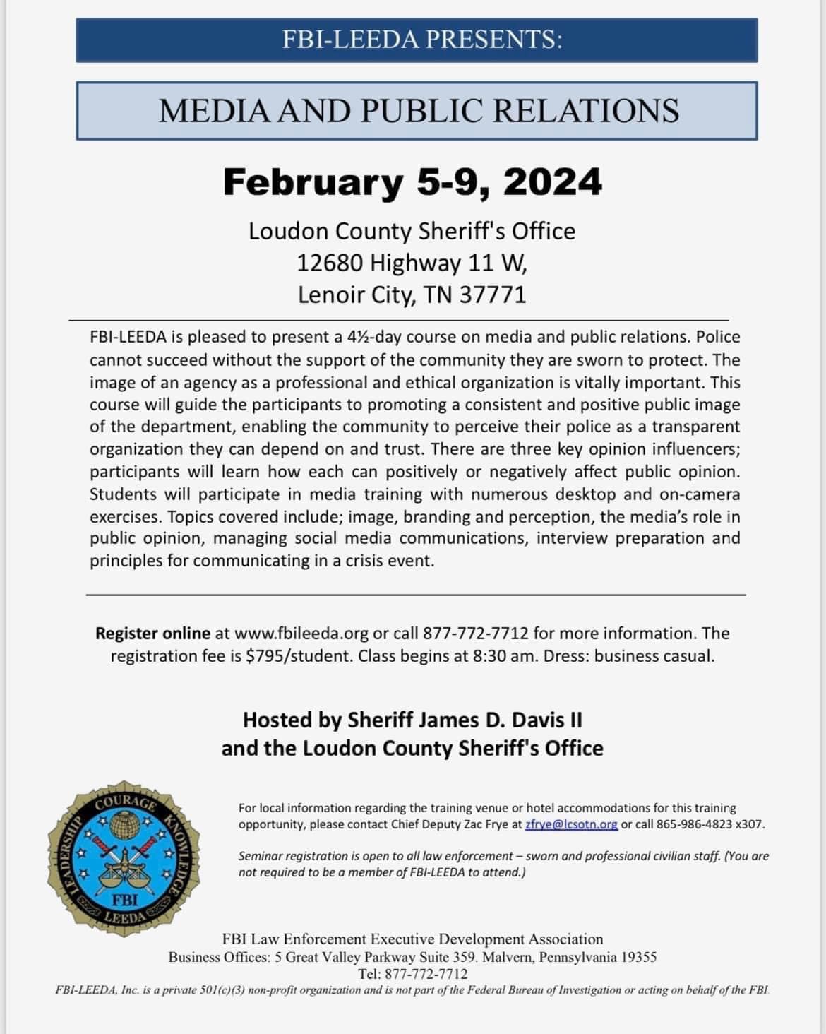 Lcso Hosting Fbi-leeda Media and Public Relations Course Poster for FBI-Leeda