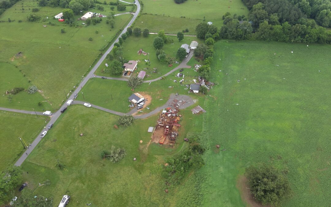 Aerial view of tornado damage